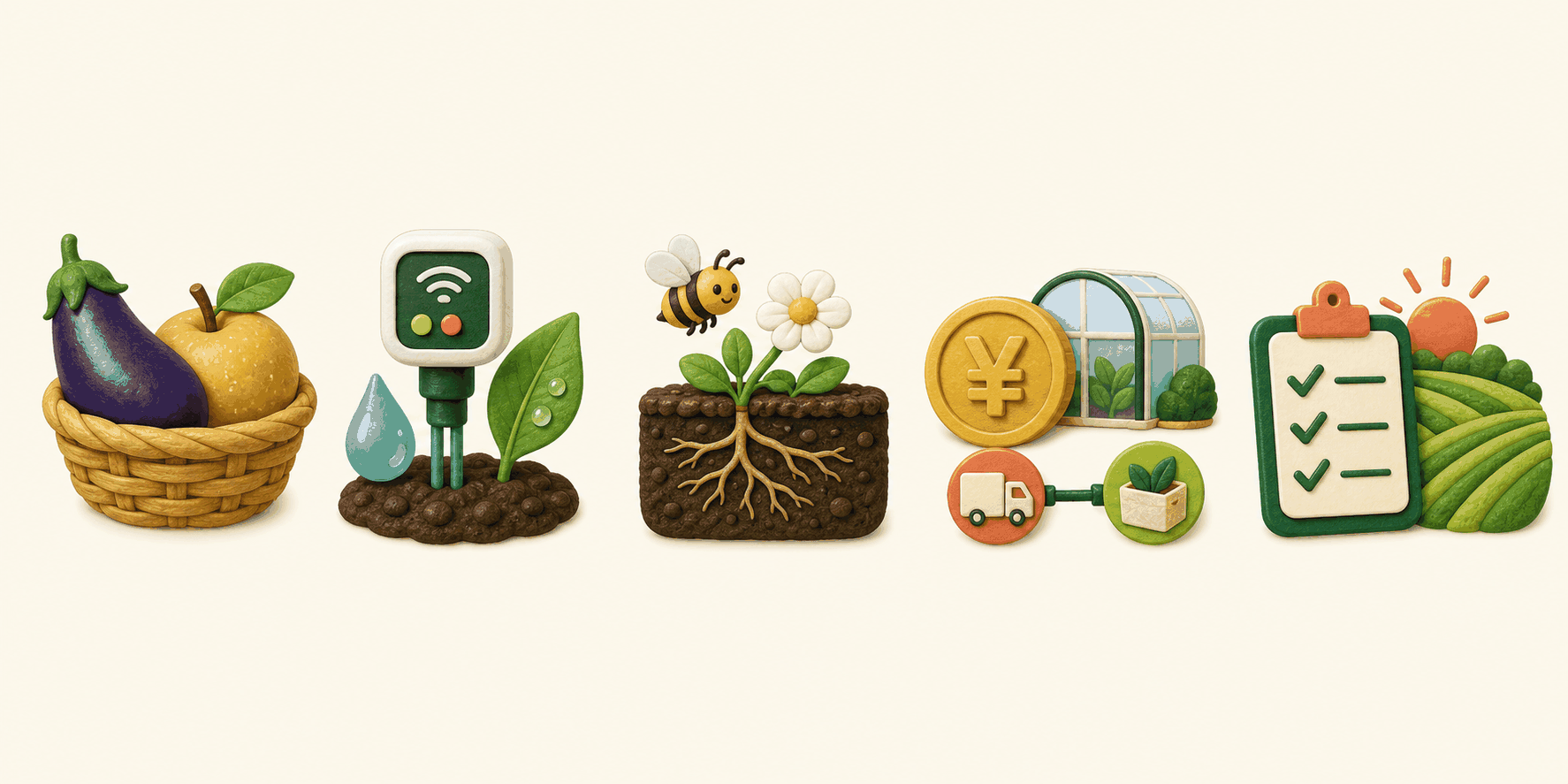 作物、スマート農業、健全な土、生産・流通への投資、実行計画を表す5つのイラスト